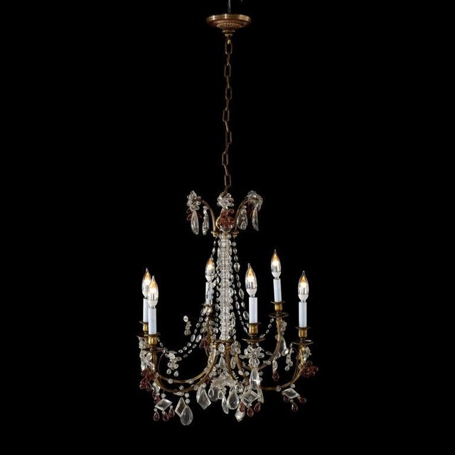 French Antique French Louis XIV Style Brass & Crystal 6 Light Chandelier C1930 For Sale - Image 3 of 11