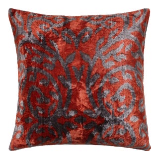 Hand-Knotted Silk Velvet Ikat Pillow - 16x16 Midnight & Silver Wave For Sale