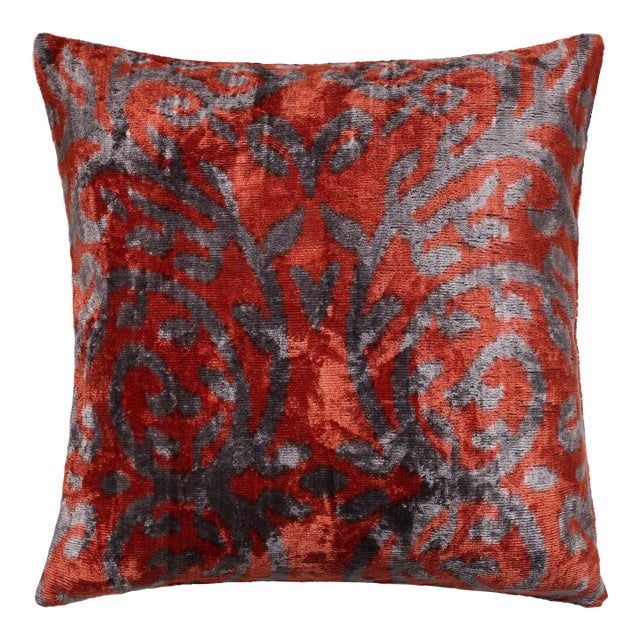 Hand-Knotted Silk Velvet Ikat Pillow - 16x16 Midnight & Silver Wave For Sale