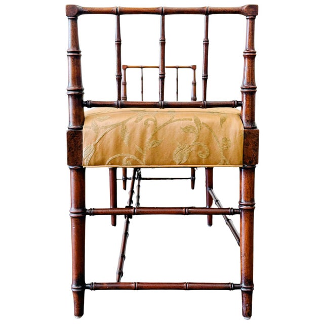 Brown 1960s French Regency Faux Bamboo Window Bench in Gold Floral Damask For Sale - Image 8 of 9