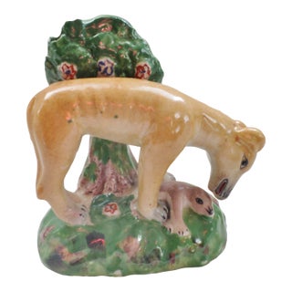 Antique Staffordshire Pottery Lioness Cat With Baby Figurine For Sale