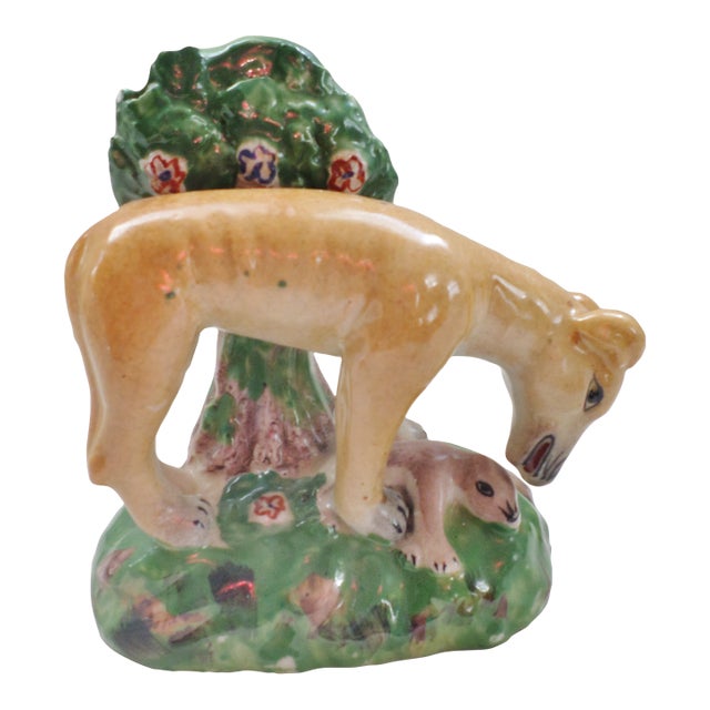 Antique Staffordshire Pottery Lioness Cat With Baby Figurine For Sale