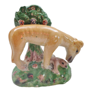 Antique Staffordshire Pottery Lioness Cat With Baby Figurine