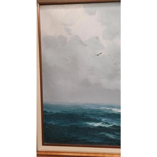 Blue 1970’s Large Signed and Framed Tall Ship Painting, Oil on Canvas, 42” X 30” For Sale - Image 8 of 10