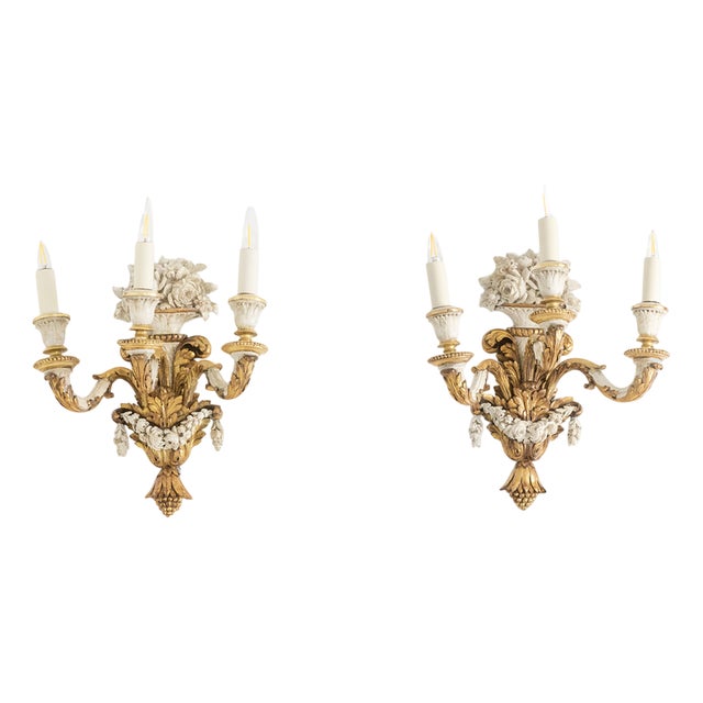 Louis XVI Wall Lights in Gilded and Lacquered Wood, 1900s, Set of 2 For Sale