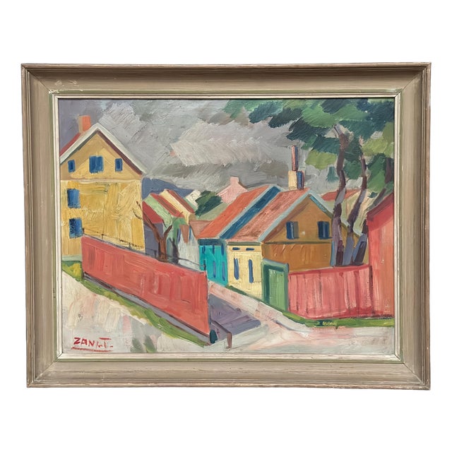 Gustaf Börtner Zandt, Houses and Trees, 1950s, Oil Painting on Canvas, Framed For Sale