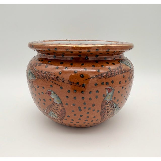 Chinoiserie Vintage Chinese Orange Glazed Pheasant Chinoiserie Cachepot For Sale - Image 3 of 7