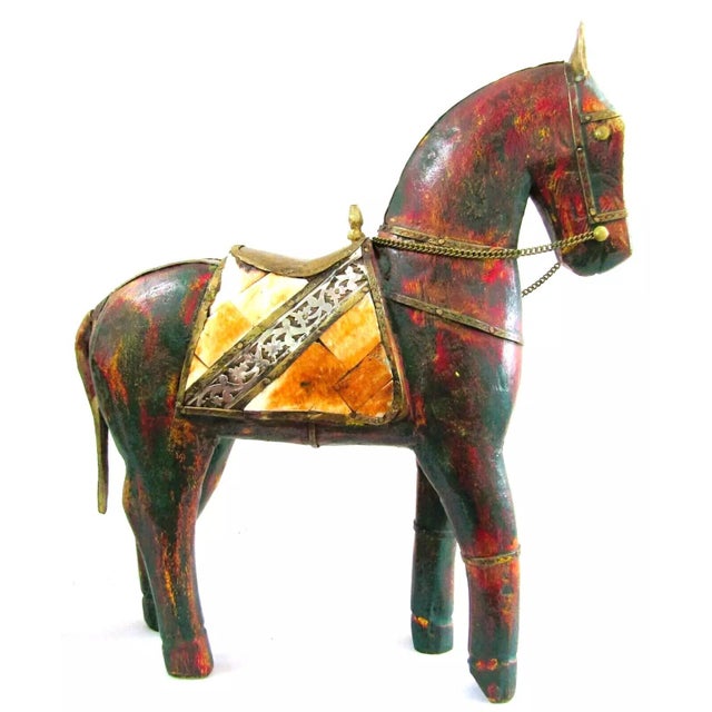 Wood 1950s Vintage Pair of Tall Solid Wood Carved Horse Sculptures With Copper and Brass Accents For Sale - Image 7 of 12