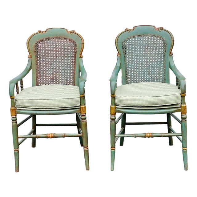 Pair Italian Neoclassical Painted Cane Back Armchairs – Chiavari Style, Mid-Century Italian Export Chairs a Pair For Sale