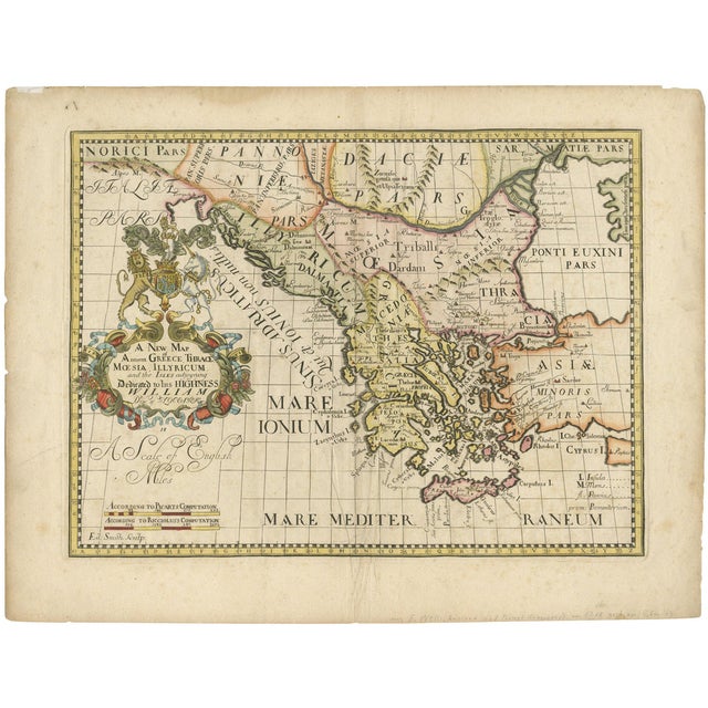 Detailed Ancient Greece Map with Ornate Cartouche by Edward Wells, 1710 For Sale