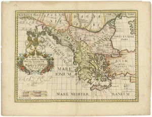 Detailed Ancient Greece Map with Ornate Cartouche by Edward Wells, 1710
