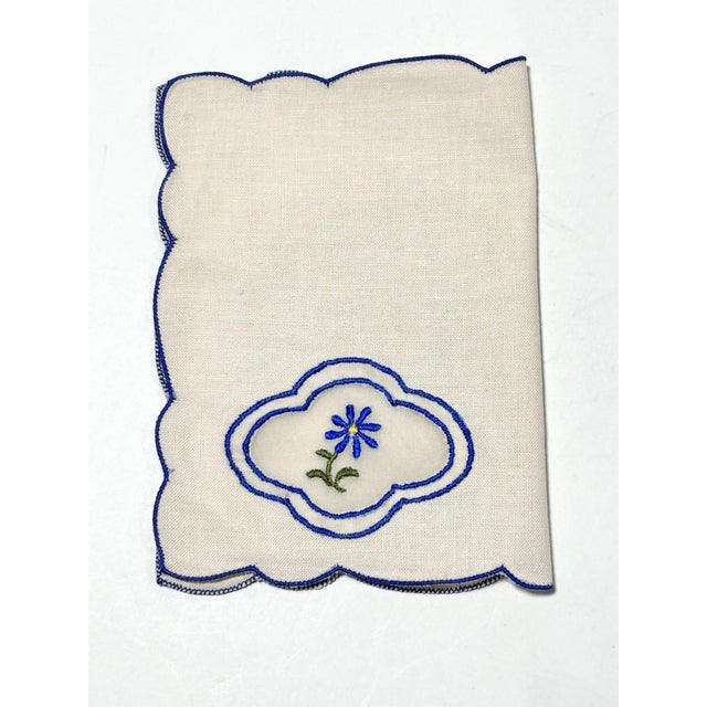 French Vintage Linen Cocktail Napkins - Blue Embroidered Floral - Set of 6 – Scalloped Edge (Portugal) For Sale - Image 3 of 6