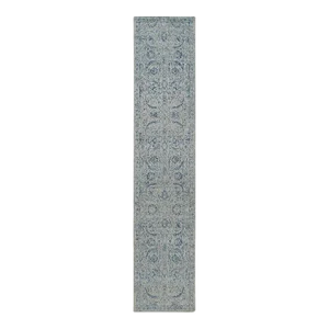 Fine Jacquard With Sickle Leaf Design Wool and Plant Based Silk Hand Loomed Gray Oriental Runner Rug
