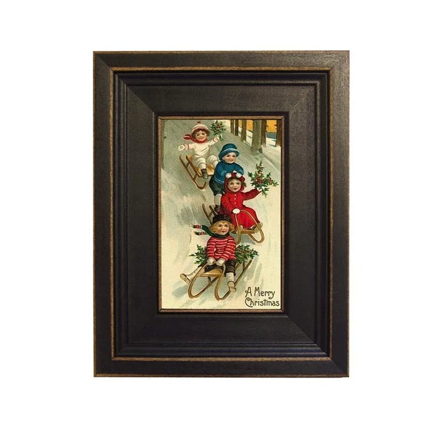 Victorian Victorian Children Christmas Sledding Framed Print on Canvas in Distressed Black Wood Frame For Sale - Image 3 of 3