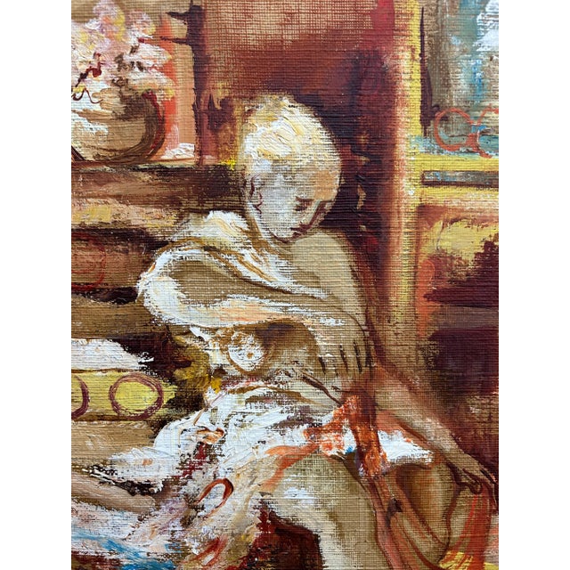 Vibrant abstract painting of a seated nude woman. Oil on canvas in original midcentury frame, with fabulous orange velvet...