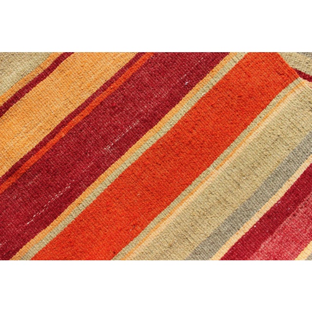 Vintage Hand Woven Turkish Kilim Runner With Stripes in Red, Green, Yellow, and Orange For Sale - Image 10 of 11