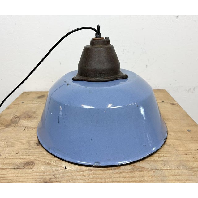 Industrial Blue Enamel and Cast Iron Pendant Light, 1960s For Sale - Image 12 of 16
