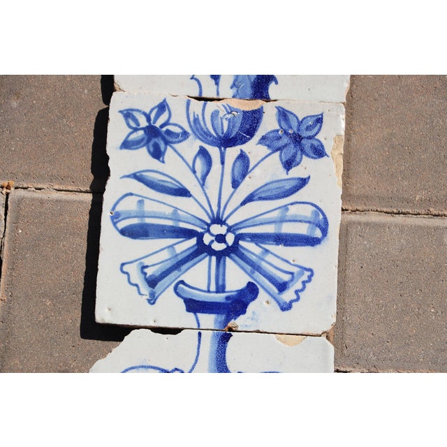 Baroque Antique 18th Century Blue & White Set of Four Tiles With Angel Above Flower Vase For Sale - Image 3 of 6