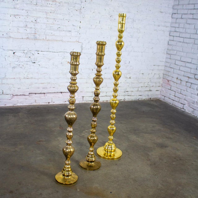 20th Century Moroccan Bohemian & Boho Chic Style Set of 3 Tiered Turned Brass Floor Candlesticks For Sale - Image 14 of 18