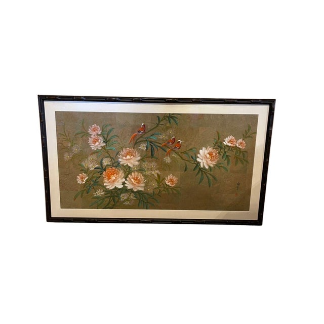 A stunning and highly unique pair of large-scale mid-century Chinoiserie paintings. These refined compositions are...