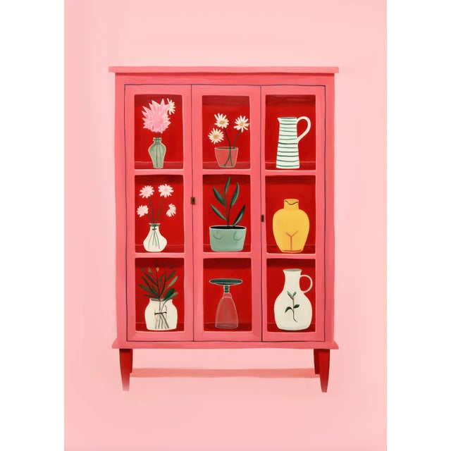 Red Cabinet With Assorted Vases and Flowers Illustration - Whimsical Interior Art Print 8" X 10" For Sale