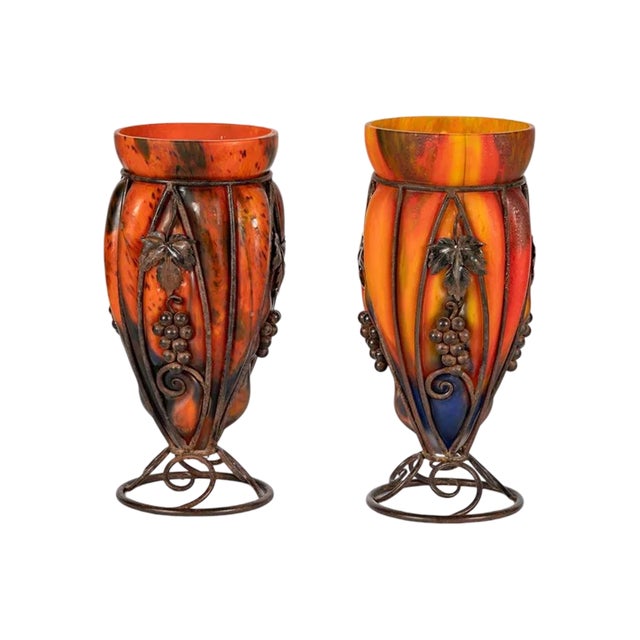 Larry Flynt Estate Provenance | Pair of French Art Deco Le Verre Francais Art Glass & Wrought Iron Vases, C. 1925 For Sale In Los Angeles - Image 6 of 11