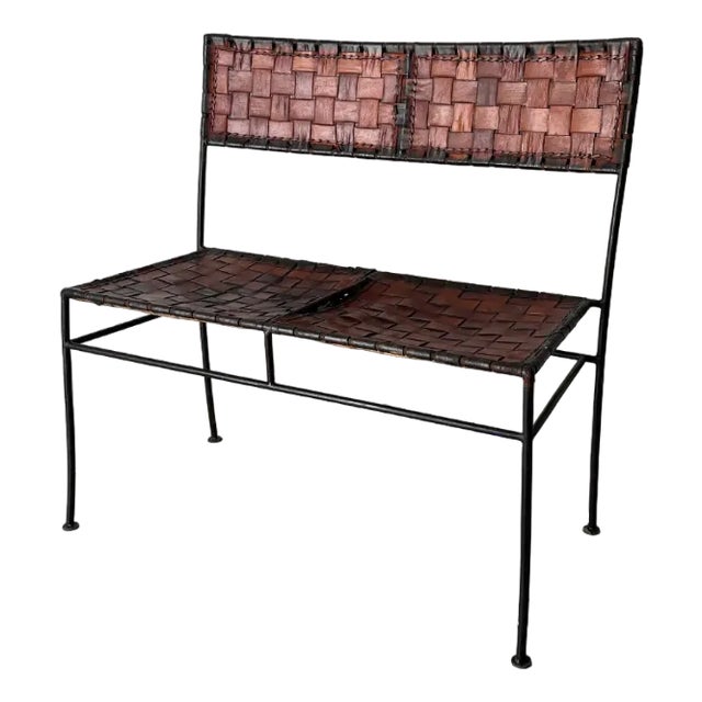 Cognac Leather and Iron Frame Bench, 1970 For Sale