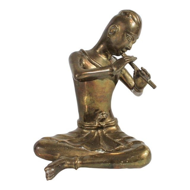 Vintage Solid Brass Thai Musician Snake Charmer Figurine For Sale