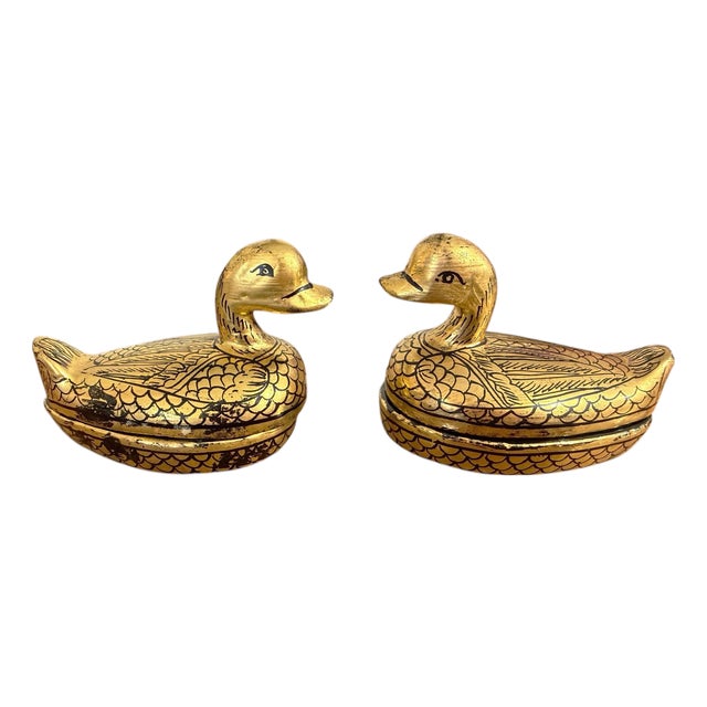 Vintage Burmese Gold Painted Wood Lacquered Ducks Trinket Boxes S/2 For Sale