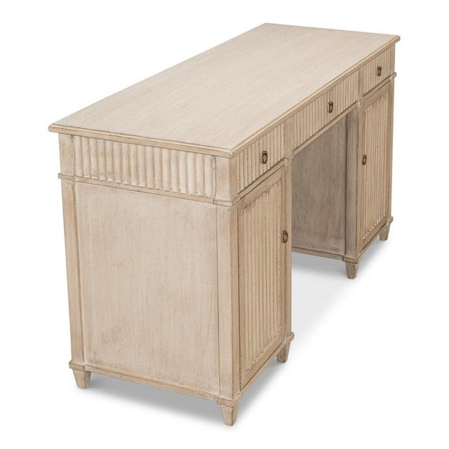 Reeded Pine Pedestal Desk in Stone Grey For Sale - Image 4 of 11