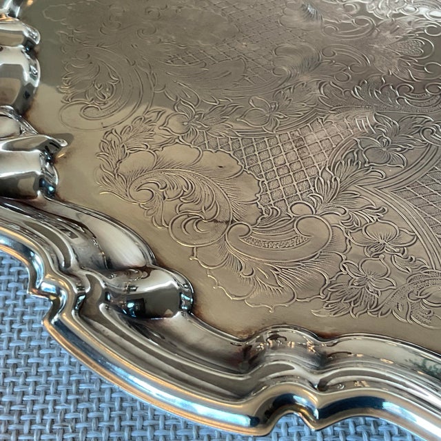 Vintage Leonard Silver Plate Footed Serving Tray With Ornate Floral Engraving For Sale - Image 11 of 12