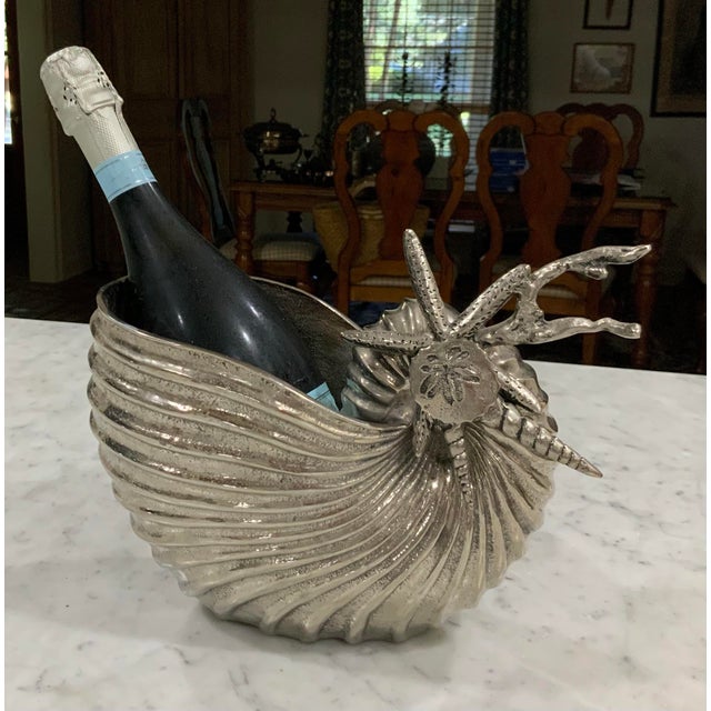 1990s Sculptural Nautilus Shell Wine Cooler / Holder in Nickel-Plated Aluminum - Palm Beach Regency, Coastal, Beach House Must Have - See Pics! For Sale - Image 5 of 11