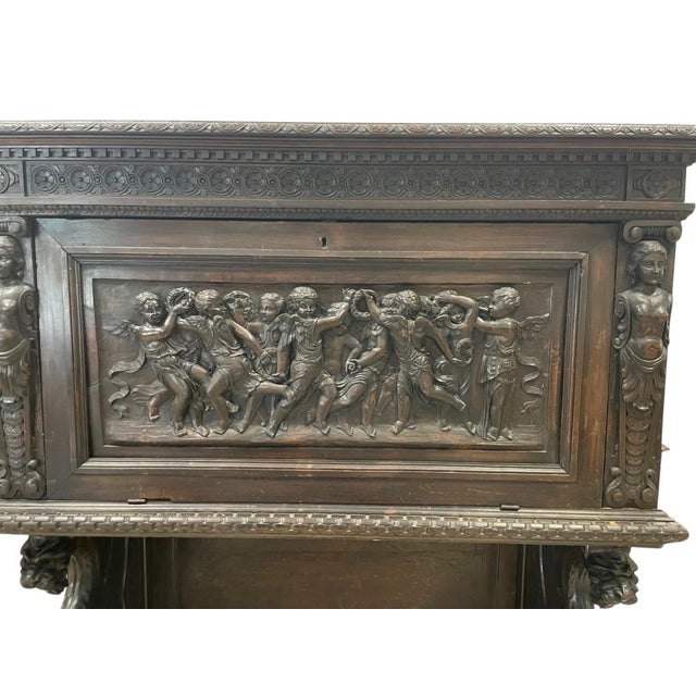 Antique Renaissance Revival Carved Wood Cabinet With Figural Relief & Lion Supports For Sale - Image 9 of 18