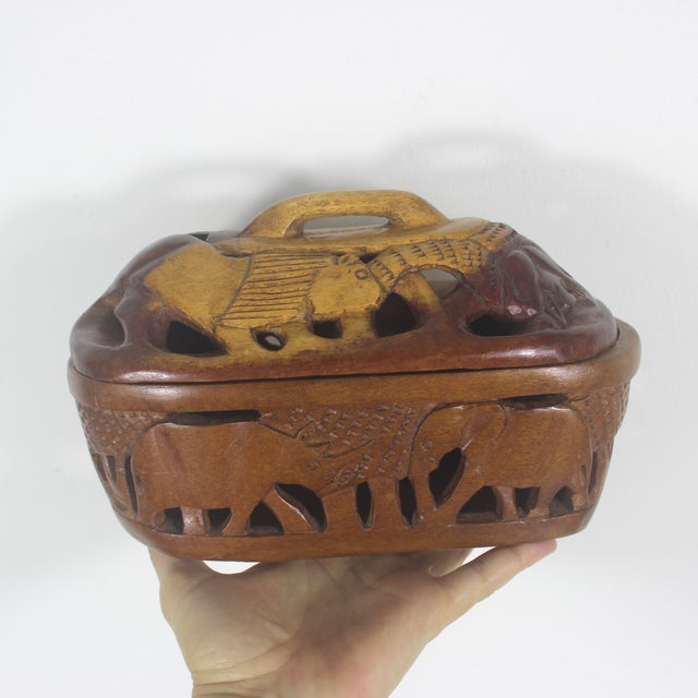 Brown Late 20th Century Vintage Carved Wood Box With Lid Hand Carved African Safari Animals For Sale - Image 8 of 9