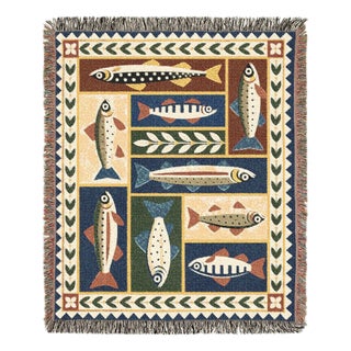 Folk Art Fish Woven Throw Blanket – Coastal Patchwork, 60 × 50 For Sale