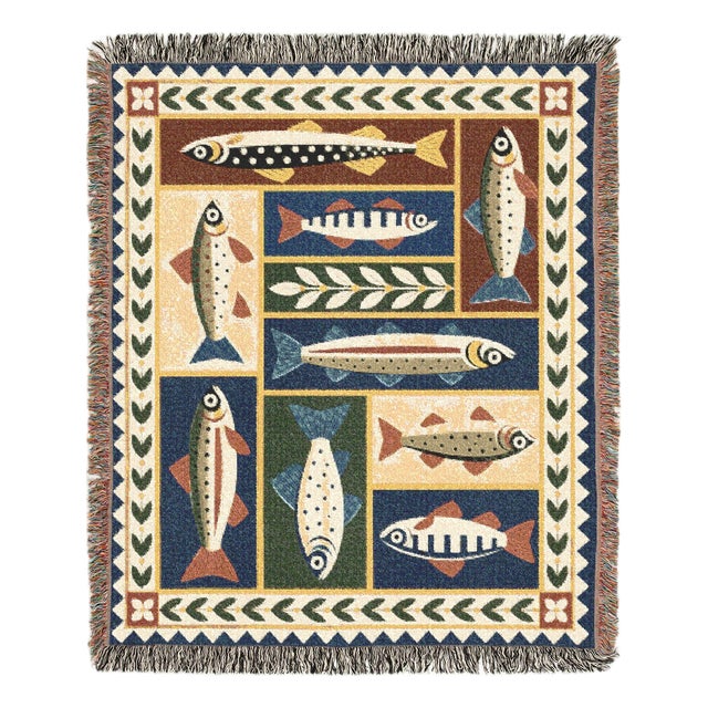 Folk Art Fish Woven Throw Blanket – Coastal Patchwork, 60 × 50 For Sale