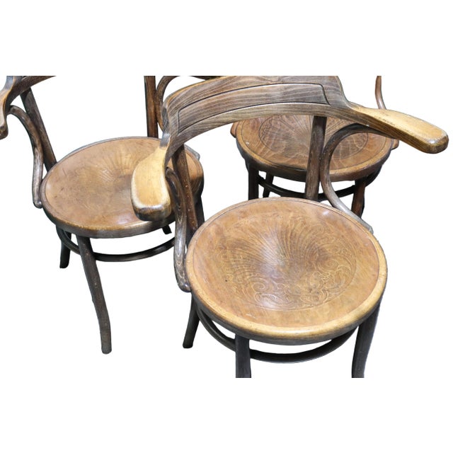 Early 19th Century Incredible Set of Six Antique Fischel Bentwood Arm Chairs With Embossed Floral Design on the Seats For Sale - Image 5 of 13