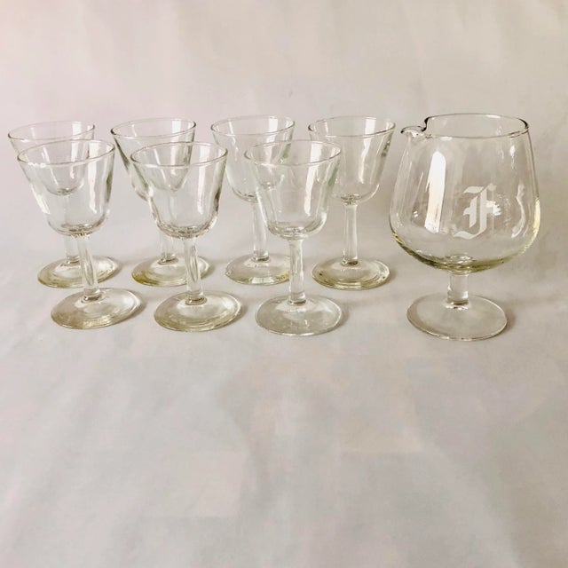 1960s Midcentury Clear Glass Monogram "F" Cocktail Set- 8 For Sale - Image 5 of 5