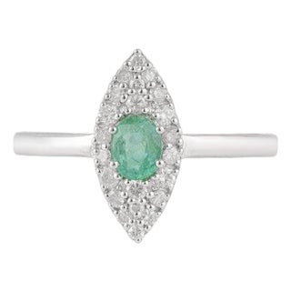 Oval Cut Emerald & Diamond Pavé Cocktail Ring in 925 Sterling Silver, Size 8.5 For Sale