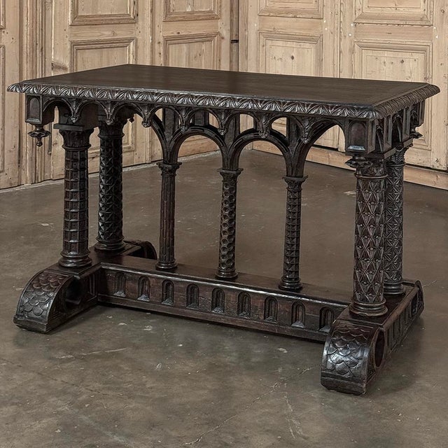 Gothic 19th Century French Napoleon III Period Gothic Revival Walnut Library Table For Sale - Image 3 of 12