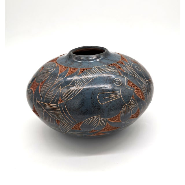 Signed Emir Calero Nicaraguan Pottery Vase, Hand-Carved Fish Design For Sale - Image 6 of 12