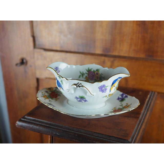 Early 20th French Limoges Sauce Boat With Kingfisher and Flower Decoration For Sale - Image 12 of 13