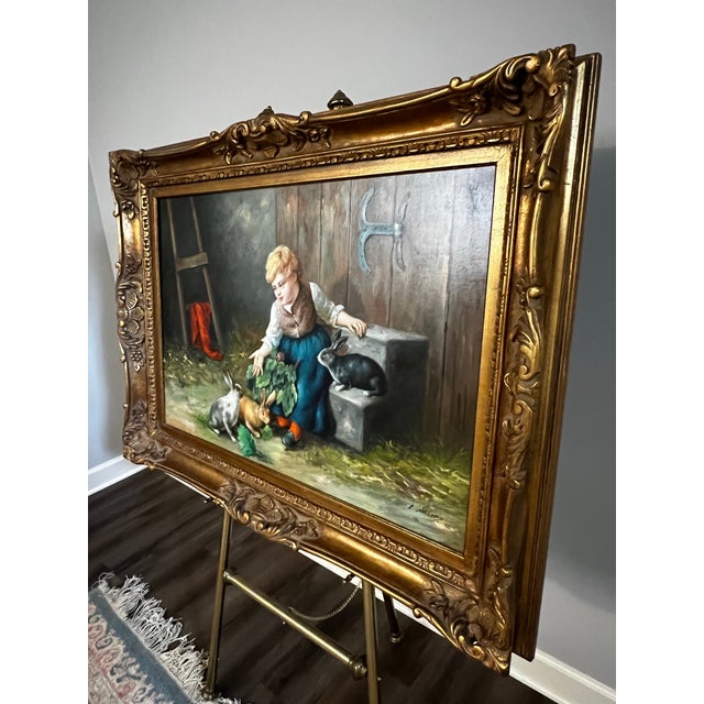 Brown Large Late 20th Century Framed Painting of Child Feeding Rabbits in the Style of Düsseldorf School Artist Felix Schlesinger For Sale - Image 8 of 12