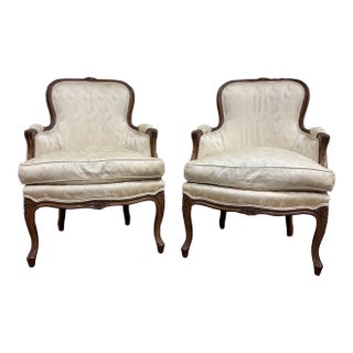 Vintage French Provincial Louis XV Style Carved Bergere Armchairs - Pair For Sale