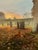 Original oil painting on board of a graveyard on an early misty morning near Westhoughton, Lancashire, England with a fox...