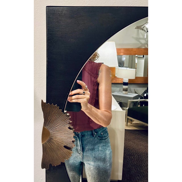Stylish Arteriors Modern Brass and Wood Envy Wall Mirror, showroom floor sample