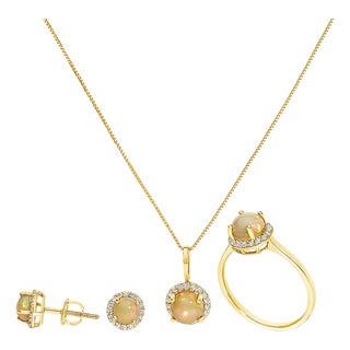 10K Yellow Gold Opal and 3/8 Cttw Diamond Halo Jewelry Set (Earrings, Pendant & Ring) For Sale