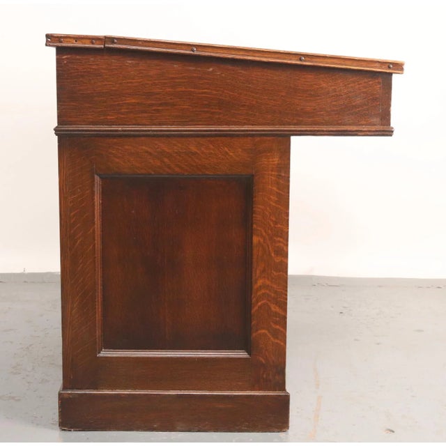 Early 1900s Black Leather Top Oak Slanted Writing Desk For Sale - Image 16 of 16