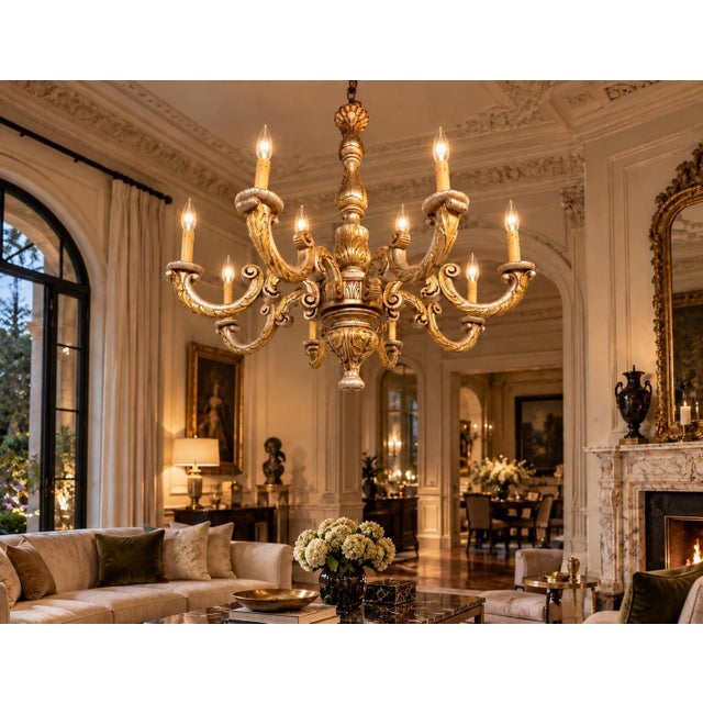An eight-light chandelier featuring a carved wooden frame with a silver-gilt finish, adorned with acanthus leaf motifs and...