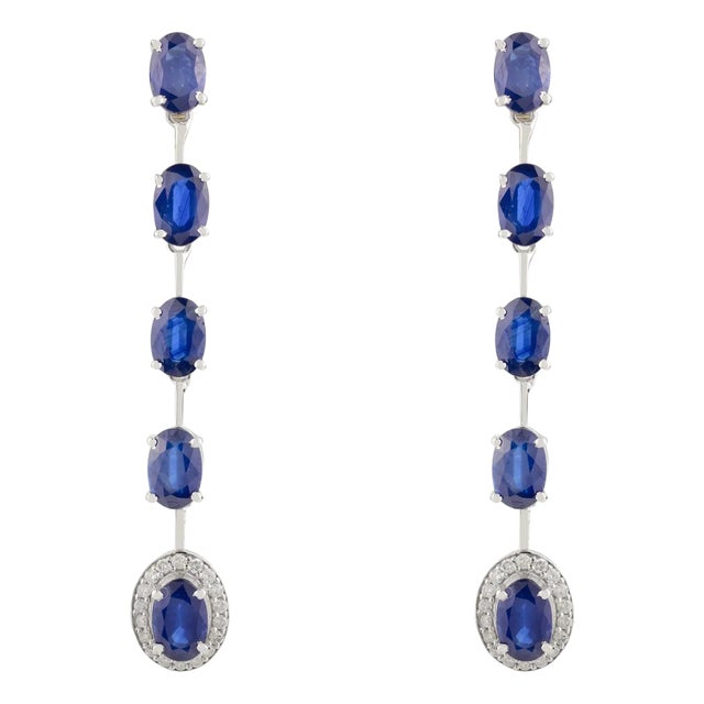 Long Dangle Blue Sapphire Statement Earrings in 14k Gold- A Pair For Sale
